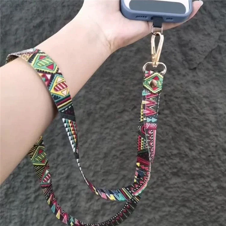 Phone Lanyard Ethnic Style Nylon Phone Neck Phone Charm with Tether Tab + Hanging Rope, Folded Length: 40cm - Khaki Grid - Image 7