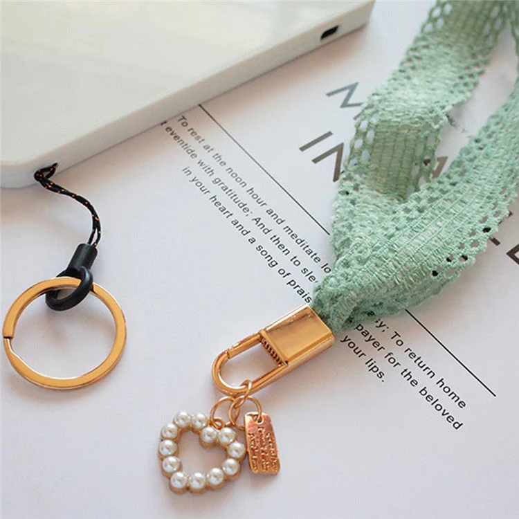 Phone Lanyard Neck Strap Lanyard Love-shape Pearl Pendant Cell Phone Strap - Grass Green - Image 3