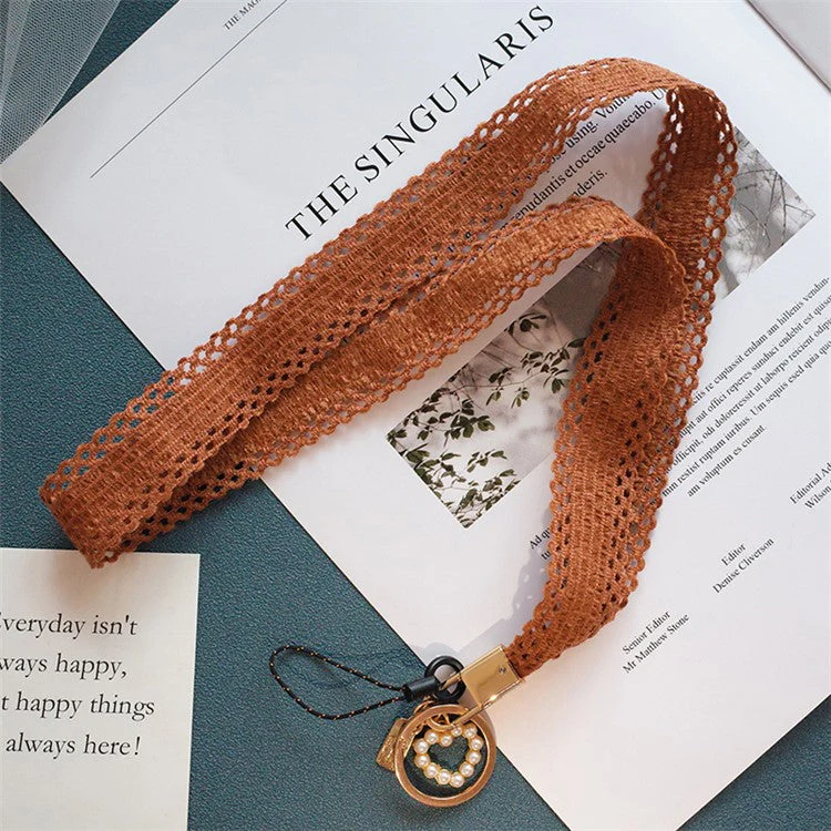 Phone Lanyard Neck Strap Lanyard Love-shape Pearl Pendant Cell Phone Strap - Retro Orange