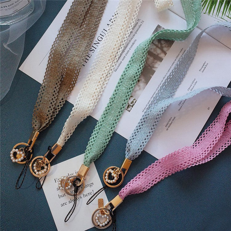 Phone Lanyard Neck Strap Lanyard Love-shape Pearl Pendant Cell Phone Strap - Retro Orange - Image 5