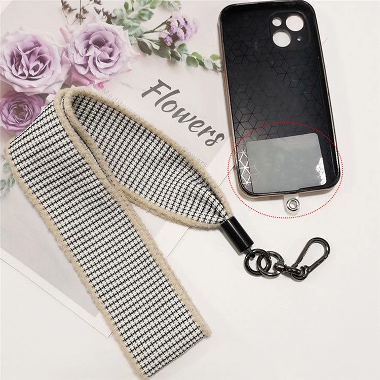 Phone Lanyard Neck Strap with Patch Universal Cell Phone Cord Strap Plush Plaid Phone Tether Strap - White - Image 3