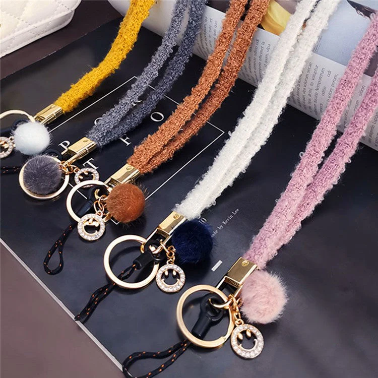 Phone Lanyard Wrist Strap Key Chain Holder Keychain with Plush Pompom Decor for Smartphone Case - Black - Image 8