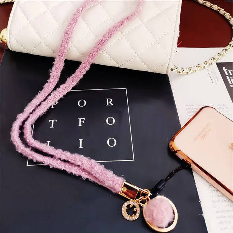 Phone Lanyard Wrist Strap Key Chain Holder Keychain with Plush Pompom Decor for Smartphone Case - Dark Grey - Image 3