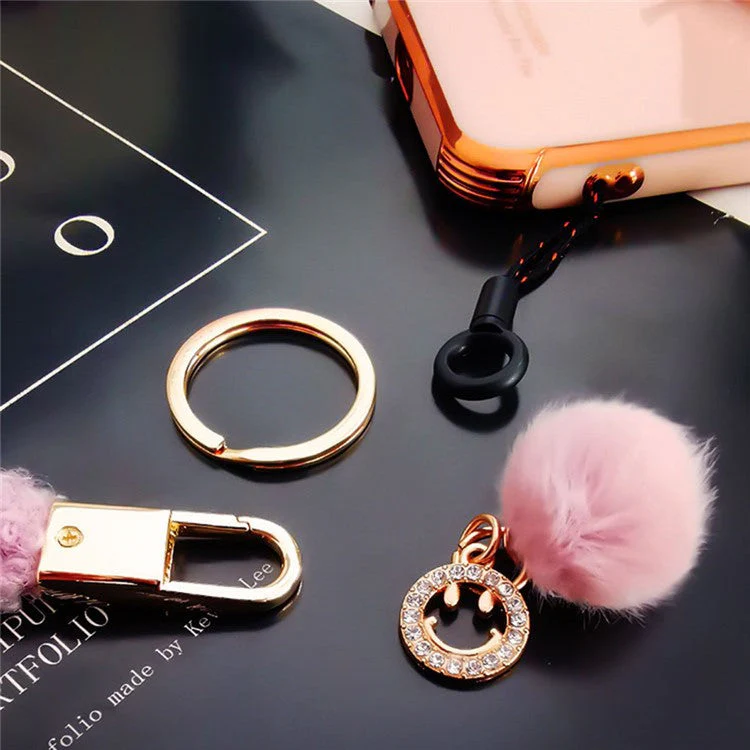 Phone Lanyard Wrist Strap Key Chain Holder Keychain with Plush Pompom Decor for Smartphone Case - Pink - Image 5