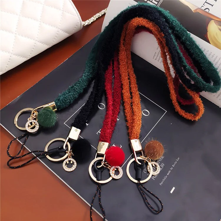 Phone Lanyard Wrist Strap Key Chain Holder Keychain with Plush Pompom Decor for Smartphone Case - Pink - Image 7