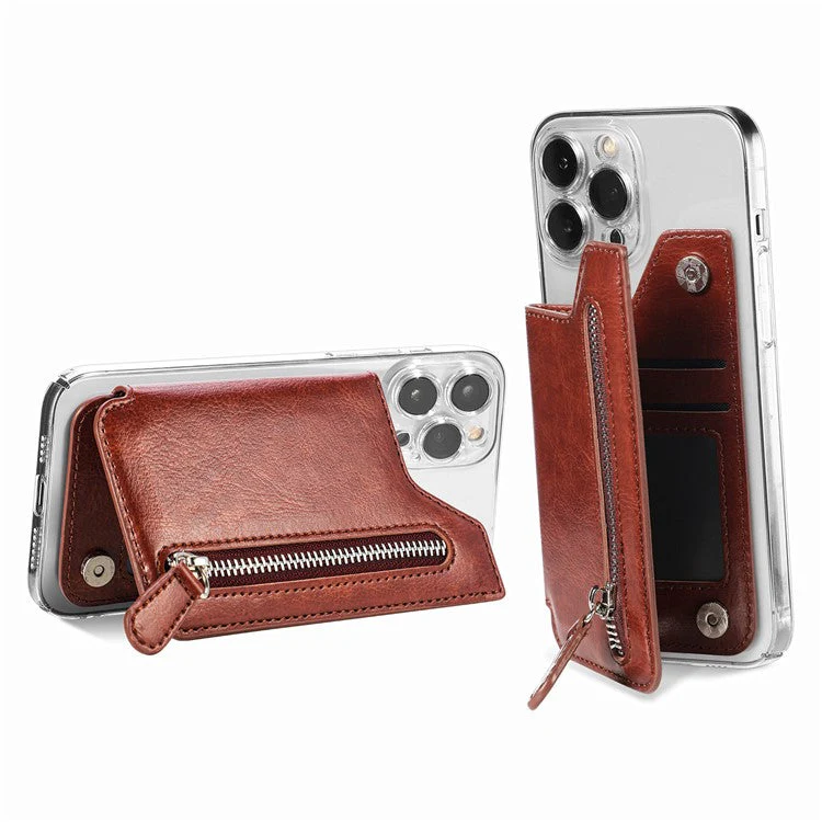 Phone Zipper Wallet Card Bag PU Leather Adhesive Kickstand Card Holder - Brown - Image 6