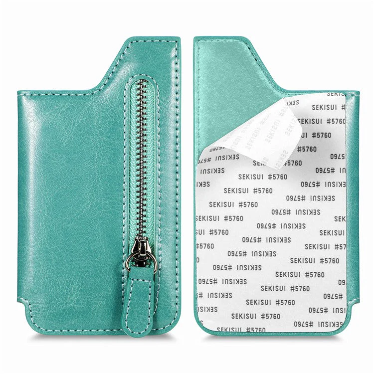 Phone Zipper Wallet Card Bag PU Leather Adhesive Kickstand Card Holder - Green - Image 4