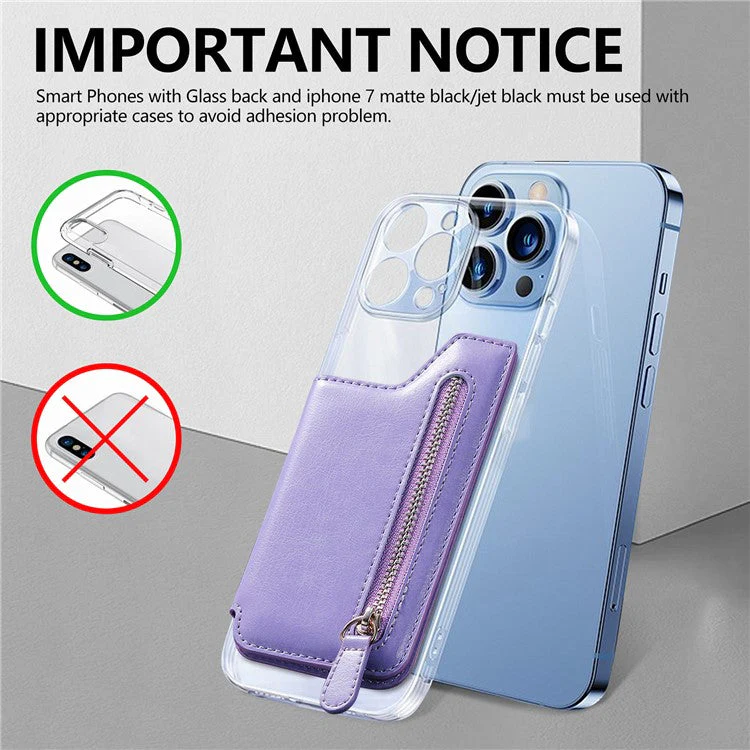 Phone Zipper Wallet Card Bag PU Leather Adhesive Kickstand Card Holder - Light Purple - Image 8