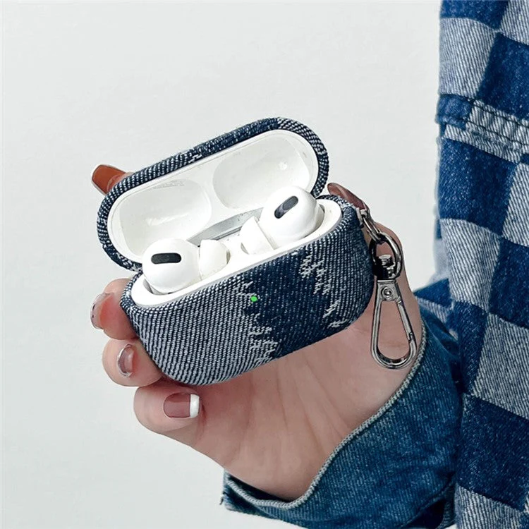 Protective Case for AirPods Pro 2 Splicing Denim Bluetooth Earphone Cover with Metal Hook - Style F - Image 2