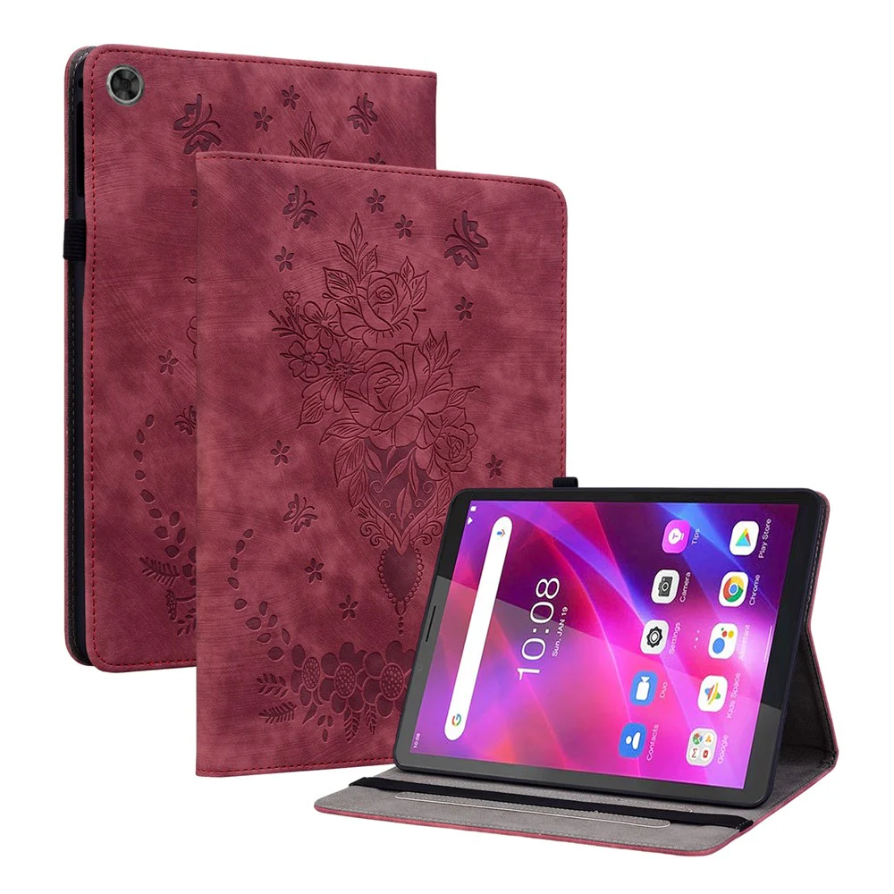 PU Leather Case for Lenovo Tab M7 (3rd Gen) Anti-drop Imprinted Tablet Stand Cover with Pen Holder - Red