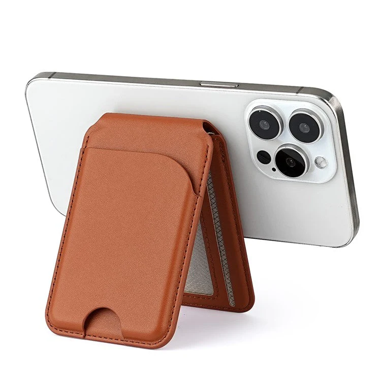 PU Leather Magnetic Card Holder Bi-Fold Phone Card Bag with Kickstand Function - Brown - Image 5