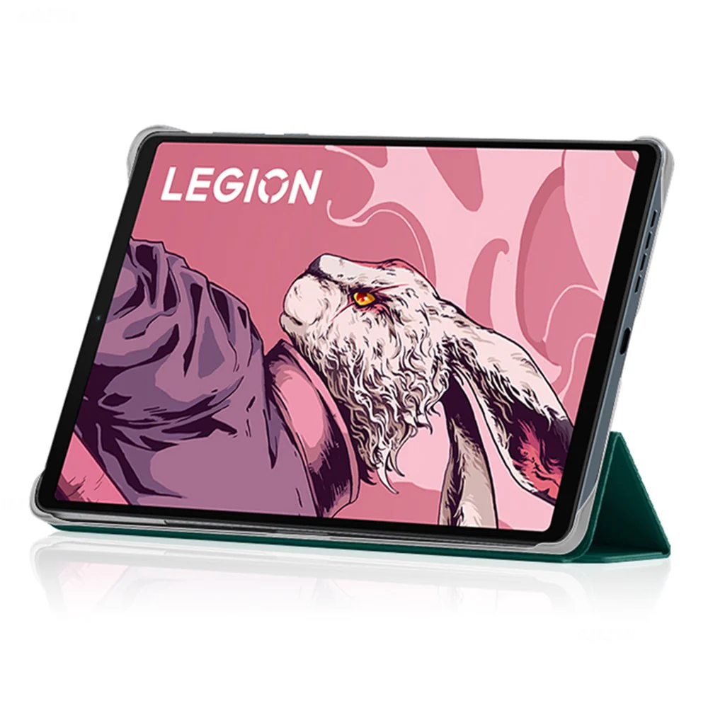 PU Leather Smart Case for Lenovo Legion Y700 , Trifold Stand Heat Dissipation Tablet Cover - Green+Grey - Image 2