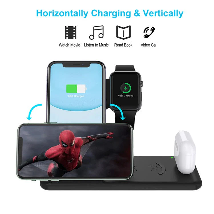 Q20 4-in-1 Mobile Phone Wireless Charger Charging Stand for Apple Watch Series 8 / SE (2022) - Black - Image 5