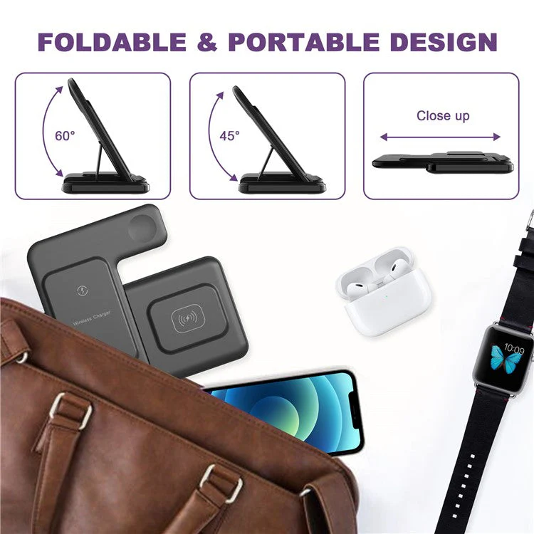 Q50A 3-in-1 Foldable Wireless Charger Desktop Phone Watch Earphone Fast Charging Dock Stand - Black - Image 3