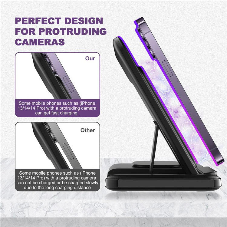 Q50A 3-in-1 Foldable Wireless Charger Desktop Phone Watch Earphone Fast Charging Dock Stand - Black - Image 6