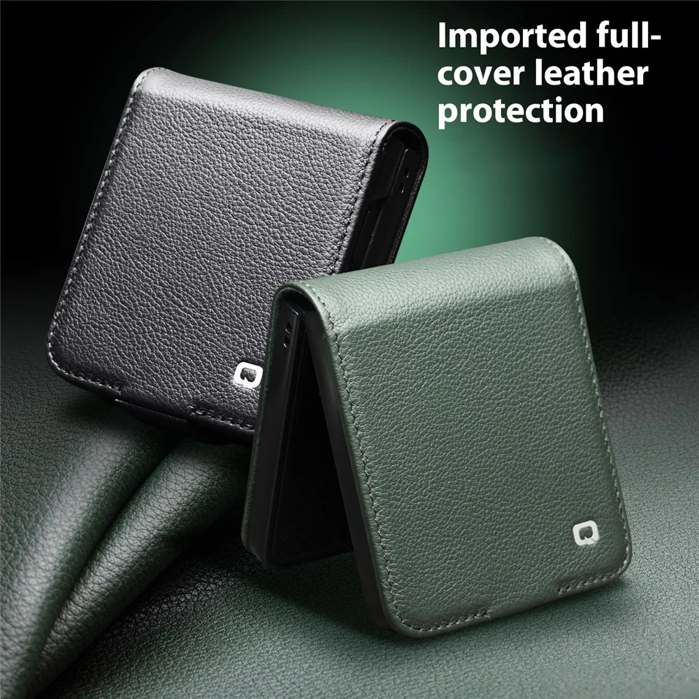 QIALINO For Samsung Galaxy Z Flip7 5G Case Card Holder Genuine Cow Leather Phone Cover - Black - Image 6