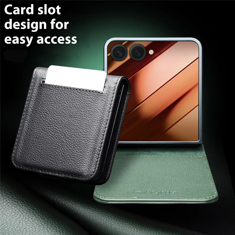 QIALINO For Samsung Galaxy Z Flip7 5G Case Card Holder Genuine Cow Leather Phone Cover - Black - Image 8
