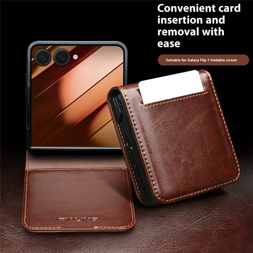 QIALINO For Samsung Galaxy Z Flip7 5G Case with Card Holder Genuine Cow Leather Stand Phone Cover - Brown - Image 7