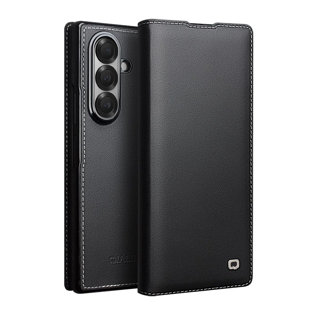 QIALINO For Samsung Galaxy Z Fold7 5G Case Genuine Cow Leather Flip Phone Cover, Black