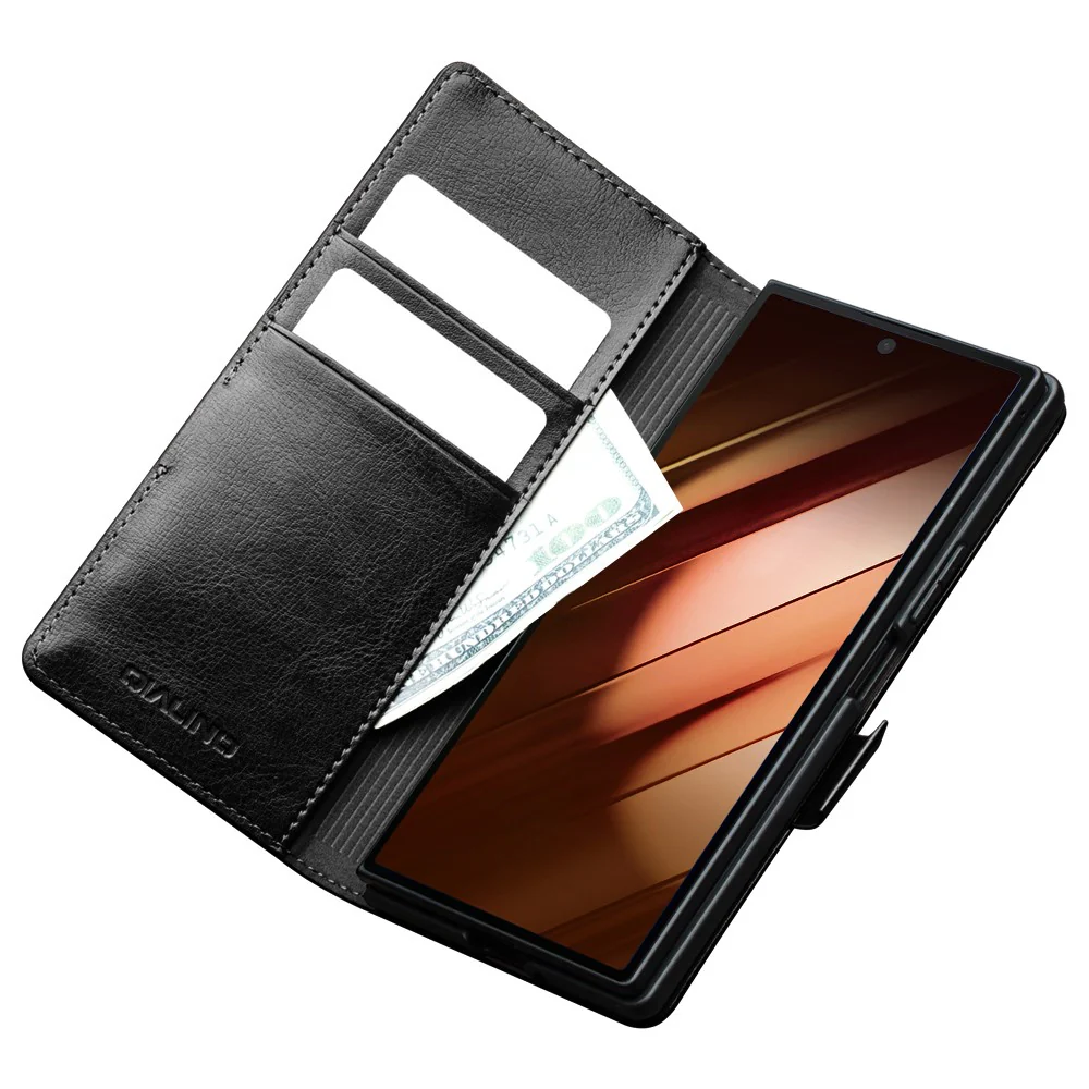 QIALINO For Samsung Galaxy Z Fold7 5G Case with Card Holder Genuine Cow Leather Stand Phone Cover - Black - Image 2