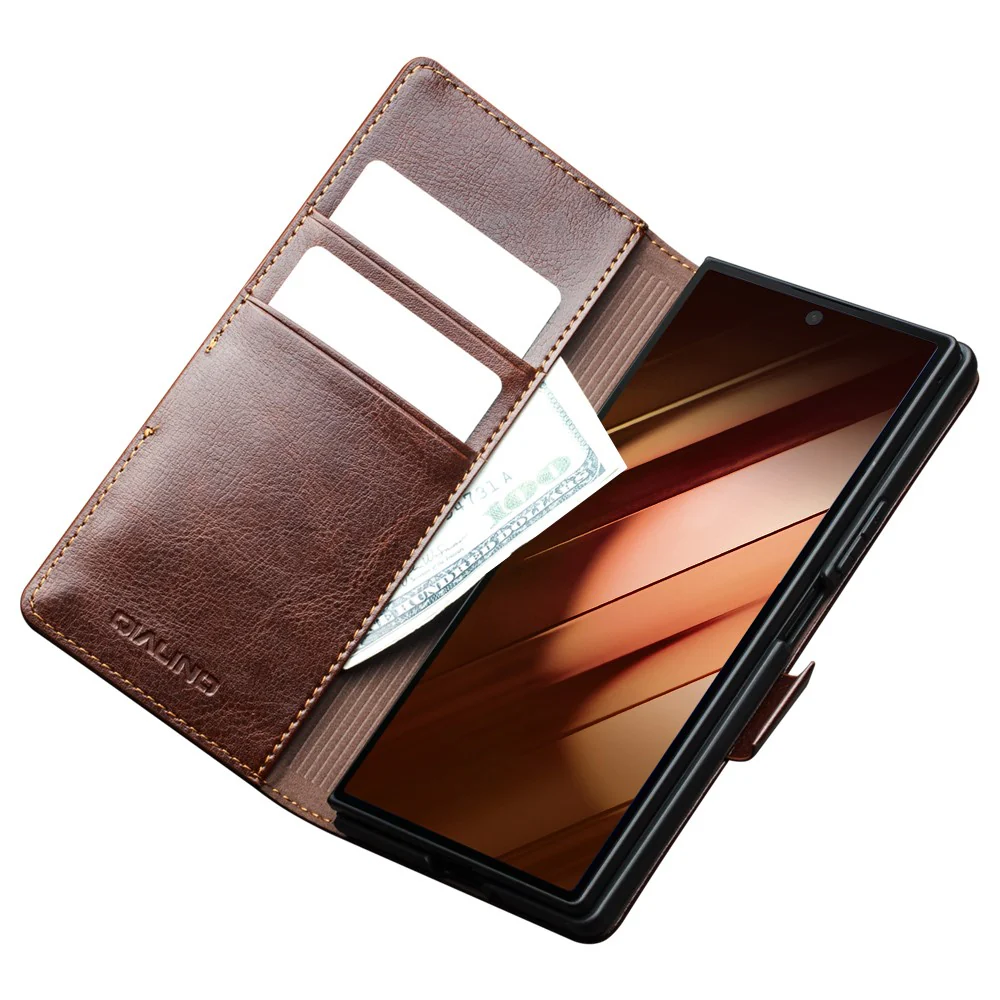 QIALINO For Samsung Galaxy Z Fold7 5G Case with Card Holder Genuine Cow Leather Stand Phone Cover - Brown - Image 2