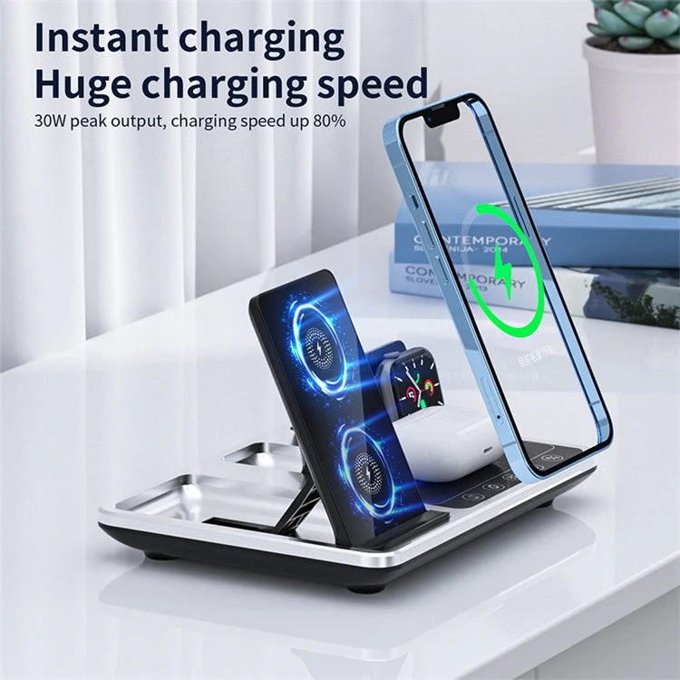 R11 Multifunctional 4 in 1 Wireless Charger Folding Portable Charging Station with Digital Display, White Light, Time Function - Image 3