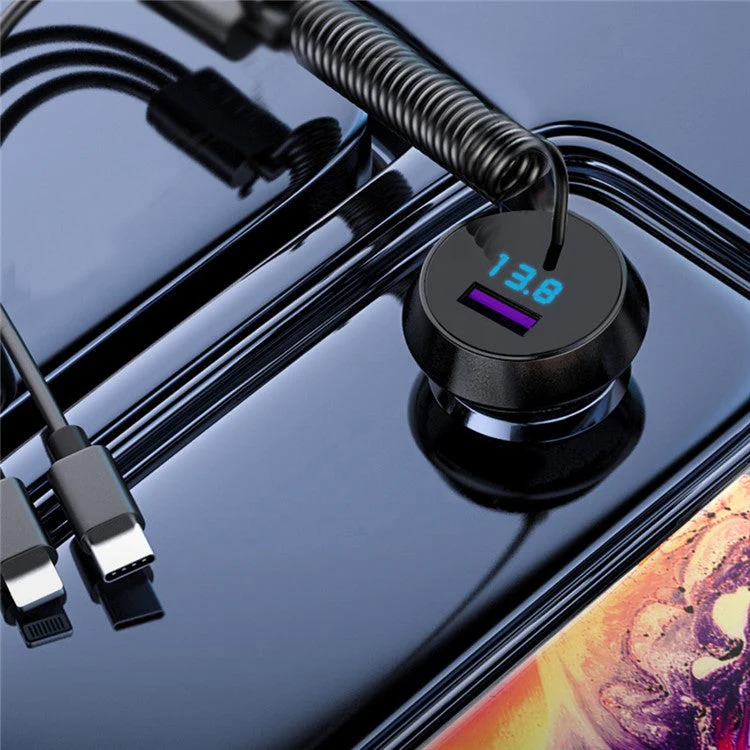 R3XK QC3.0 USB Phone Charging Adapter Digital Display Car Charger with 3-in-1 Spring Cable - Black - Image 5