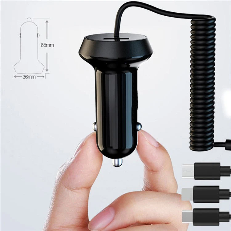 R3XK QC3.0 USB Phone Charging Adapter Digital Display Car Charger with 3-in-1 Spring Cable - Black - Image 7