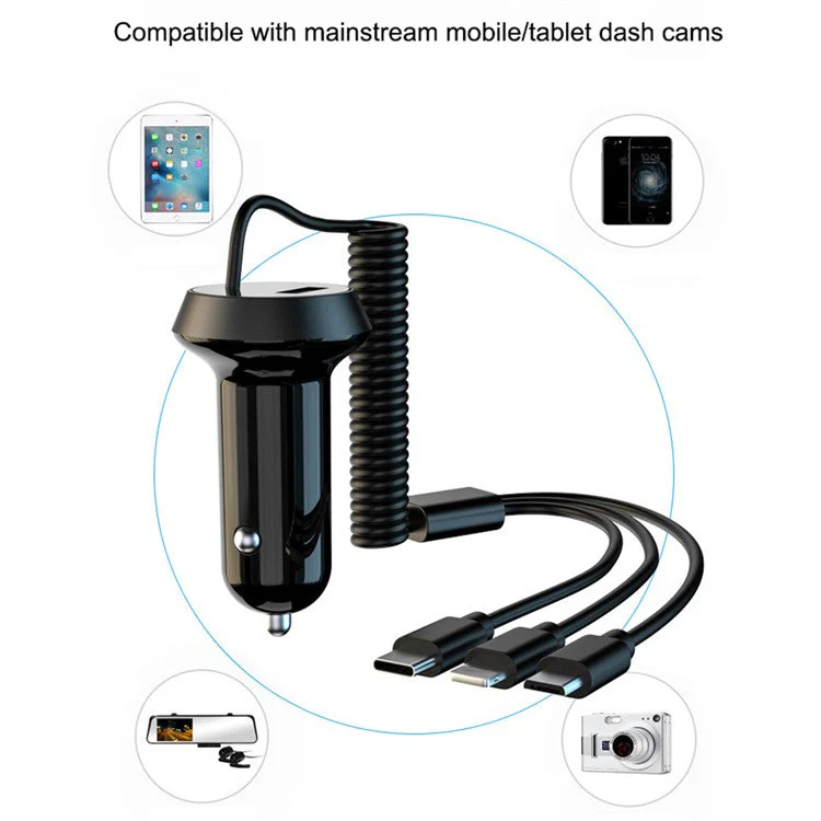 R3XK QC3.0 USB Phone Charging Adapter Digital Display Car Charger with 3-in-1 Spring Cable - Black - Image 8