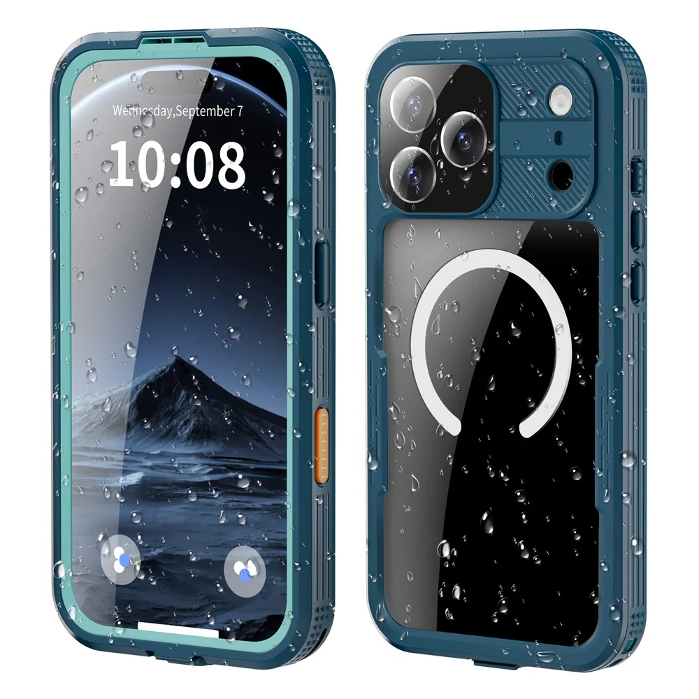 REDPEPPER For iPhone 17 Pro Max IP68 Waterproof Case Clear Back Phone Cover Compatible with MagSafe - Cyan+Lake Blue