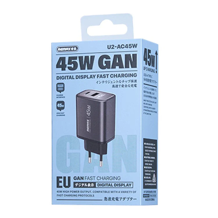Remax U2-AC45W GaN Charger Digital Display Fast Charging Adapter 45W Type-C 30W USB-A EU Plug - Image 3