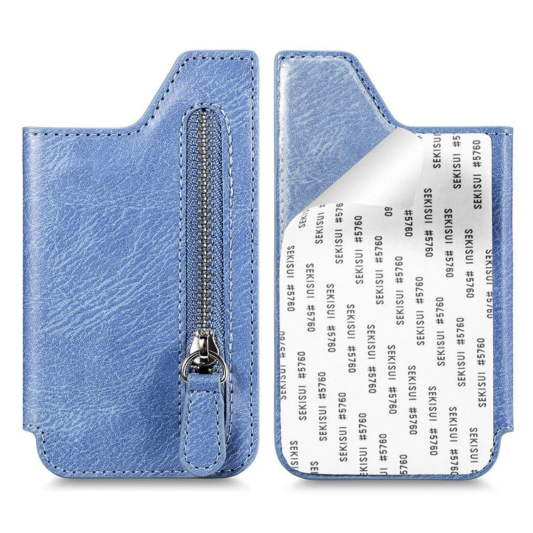 Retro Texture PU Leather Zipper Card Holder Bag Adhesive Kickstand Zipper Wallet - Blue - Image 2