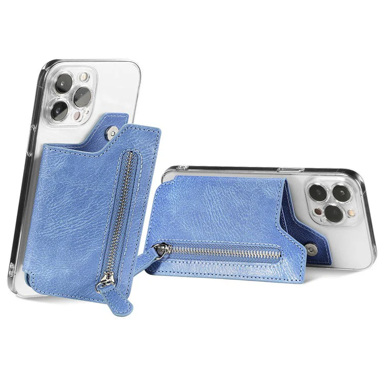 Retro Texture PU Leather Zipper Card Holder Bag Adhesive Kickstand Zipper Wallet - Blue - Image 4