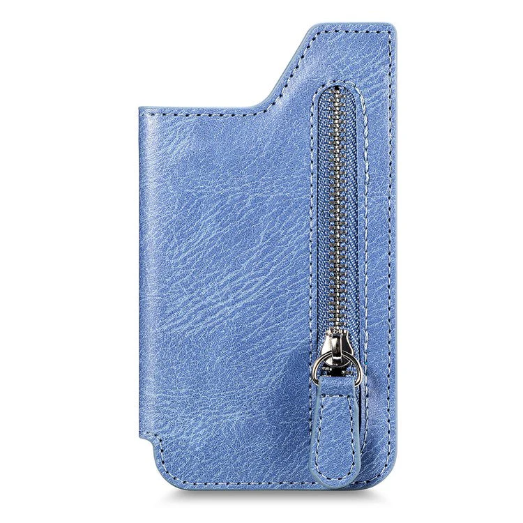 Retro Texture PU Leather Zipper Card Holder Bag Adhesive Kickstand Zipper Wallet - Blue - Image 5