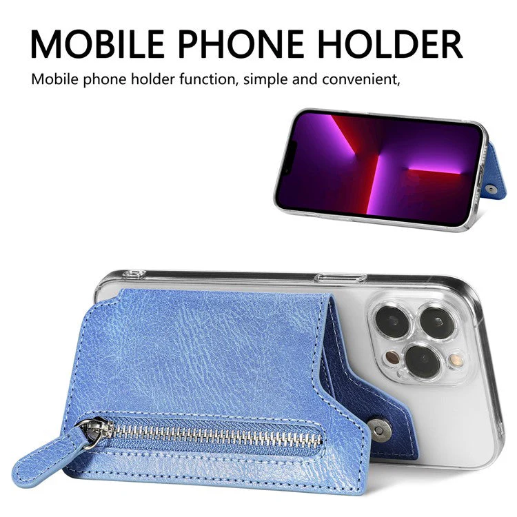 Retro Texture PU Leather Zipper Card Holder Bag Adhesive Kickstand Zipper Wallet - Blue - Image 7