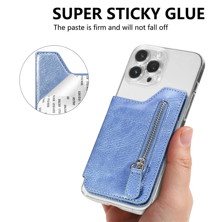 Retro Texture PU Leather Zipper Card Holder Bag Adhesive Kickstand Zipper Wallet - Blue - Image 8