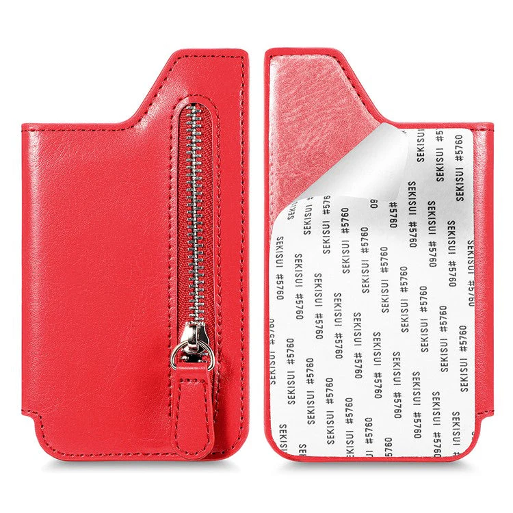 Retro Texture PU Leather Zipper Card Holder Bag Adhesive Kickstand Zipper Wallet - Red - Image 2