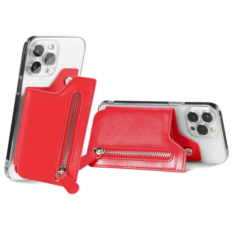 Retro Texture PU Leather Zipper Card Holder Bag Adhesive Kickstand Zipper Wallet - Red - Image 4
