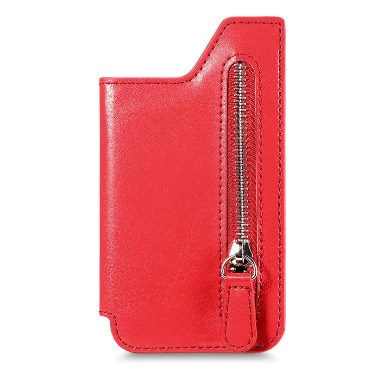 Retro Texture PU Leather Zipper Card Holder Bag Adhesive Kickstand Zipper Wallet - Red - Image 5