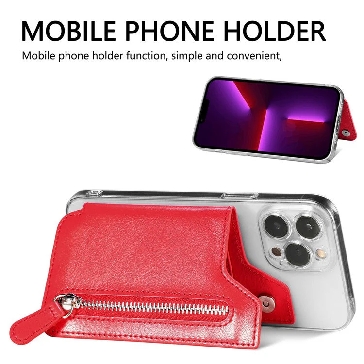 Retro Texture PU Leather Zipper Card Holder Bag Adhesive Kickstand Zipper Wallet - Red - Image 7