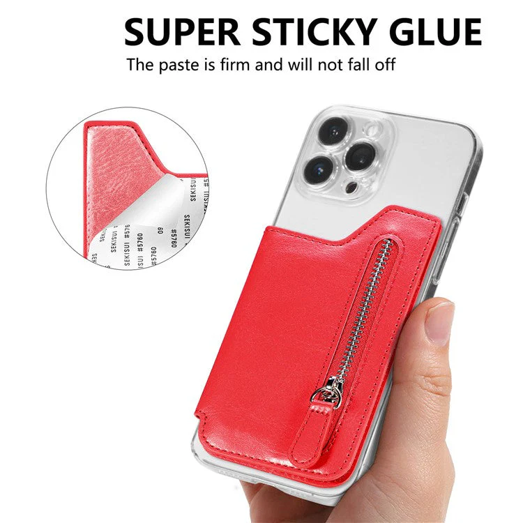 Retro Texture PU Leather Zipper Card Holder Bag Adhesive Kickstand Zipper Wallet - Red - Image 8