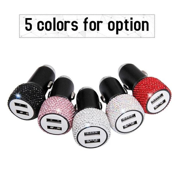 Rhinestone Decor Dual USB Car Charger Phone Fast Charging Power Adapter with Safety Hammer Function - Black - Image 8