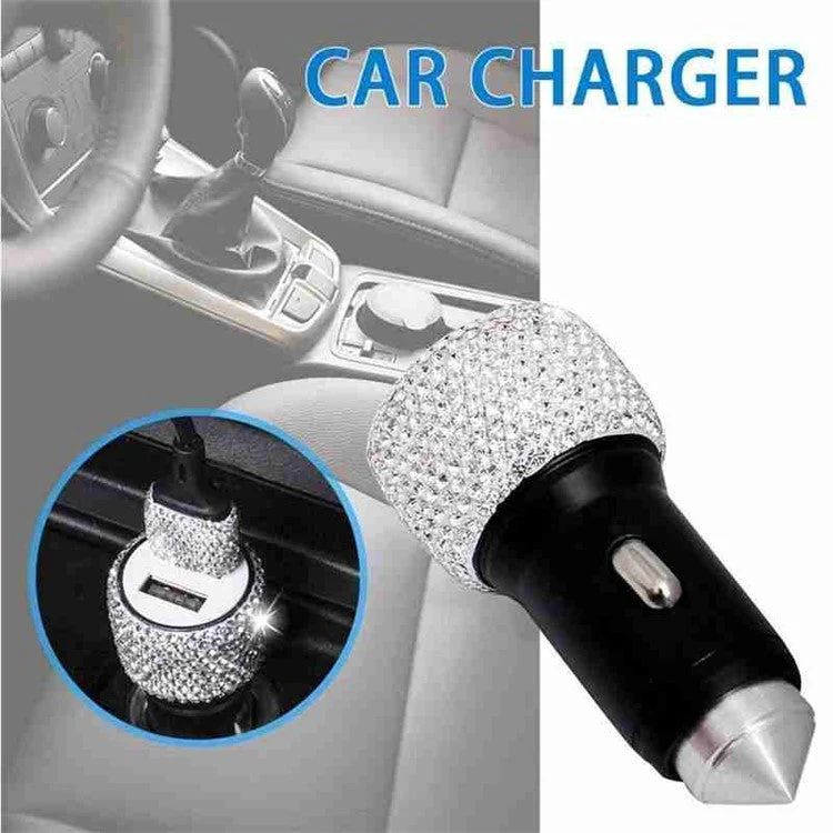 Rhinestone Decor Dual USB Car Charger Phone Fast Charging Power Adapter with Safety Hammer Function - Pink - Image 3