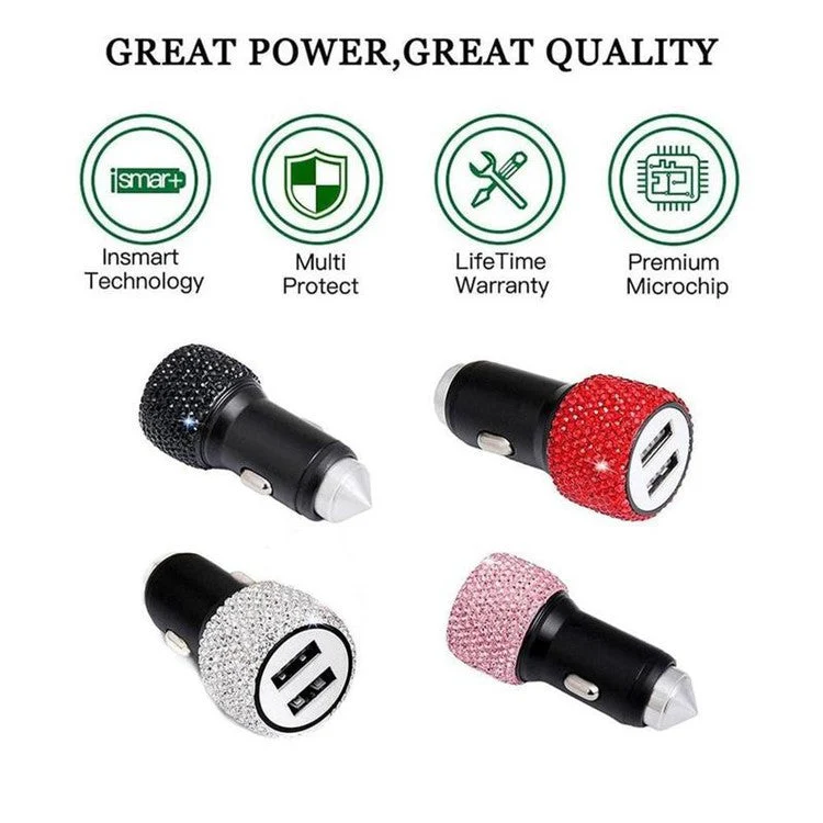 Rhinestone Decor Dual USB Car Charger Phone Fast Charging Power Adapter with Safety Hammer Function - Pink - Image 7
