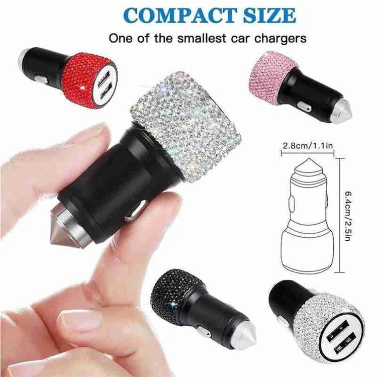 Rhinestone Decor Dual USB Car Charger Phone Fast Charging Power Adapter with Safety Hammer Function - White - Image 6