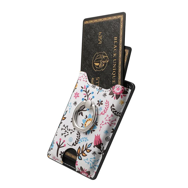 Ring Holder Kickstand Card Bag Flower Print PU Leather Adhesive Phone Card Slot - Black - Image 4