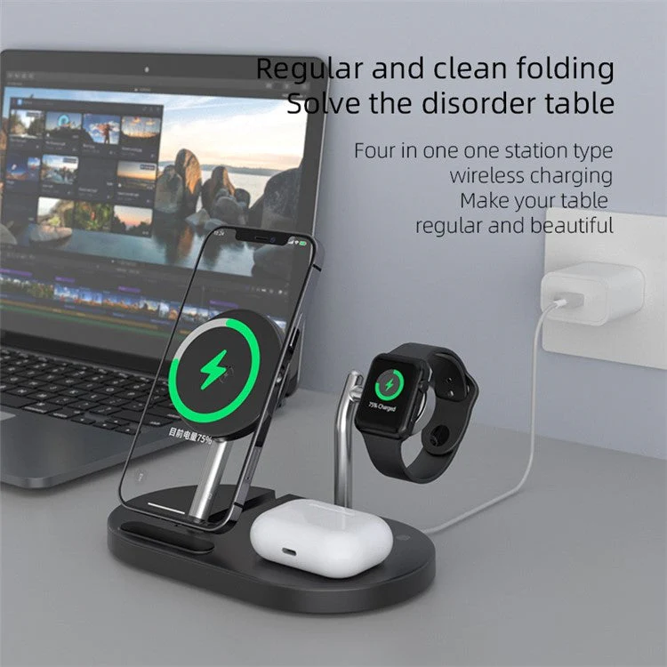 S20 Desktop Wireless Charging Stand Multifunction Folding Magnetic Charger for iPhone / iWatch / AirPods - White - Image 4