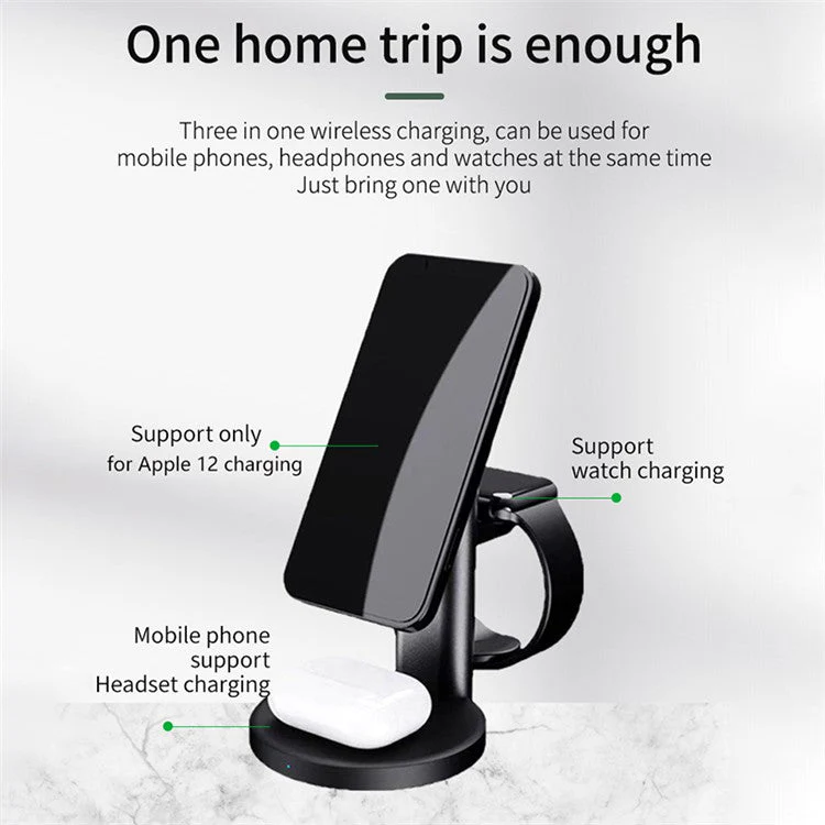 S36 3-in-1 15W Magnetic Wireless Charger Desktop Fast Charging Stand for iPhone 12 Series iWatch AirPods - Black - Image 2
