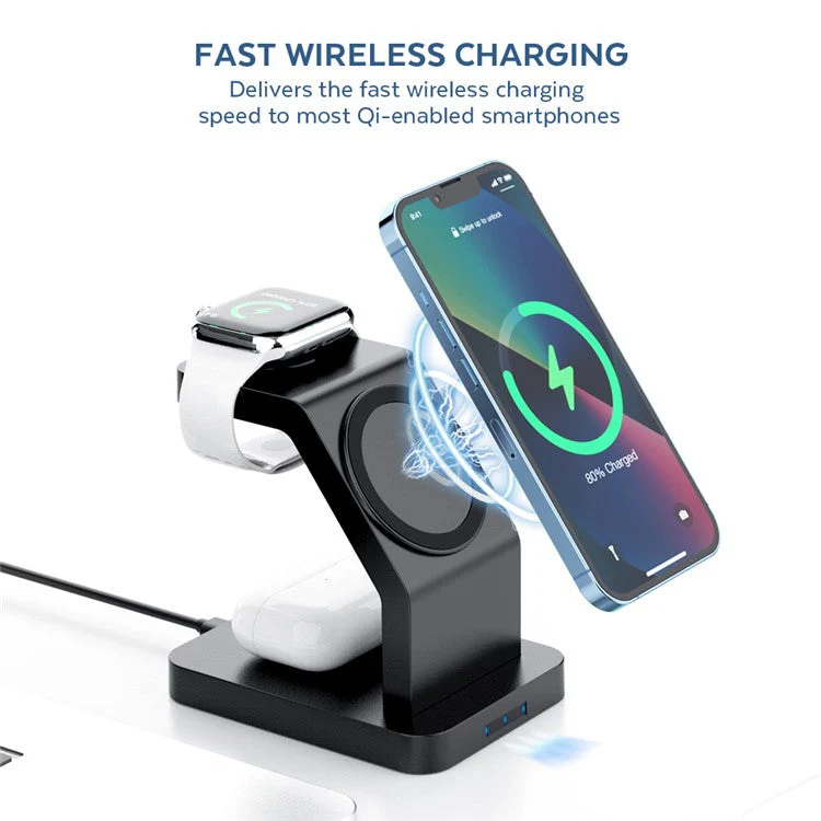 S6 For Iphone / Airpods / Apple Watch 3-in-1 15W Magnetic Wireless Charging Station Desktop Bracket - Black - Image 6
