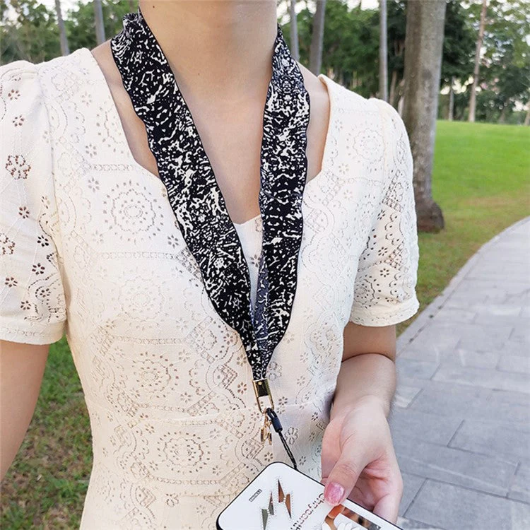 Scarf Style Ink Floral Universal Phone Lanyard Metal Pendant ID Badge Keychain Phone Neck Strap - Black - Image 2